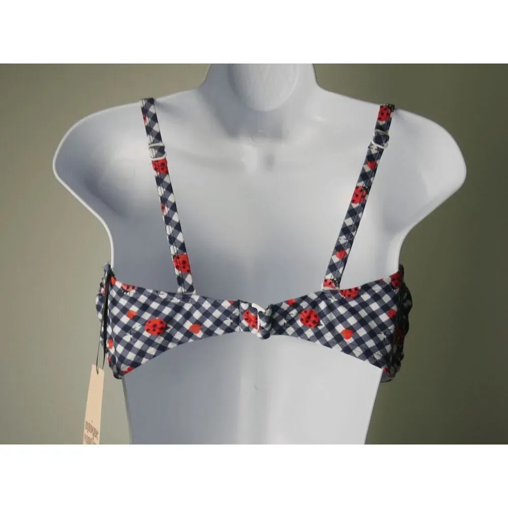Unique Vintage Navy Gingham Ladybug Bikini Top L Swim Retro Pin-Up